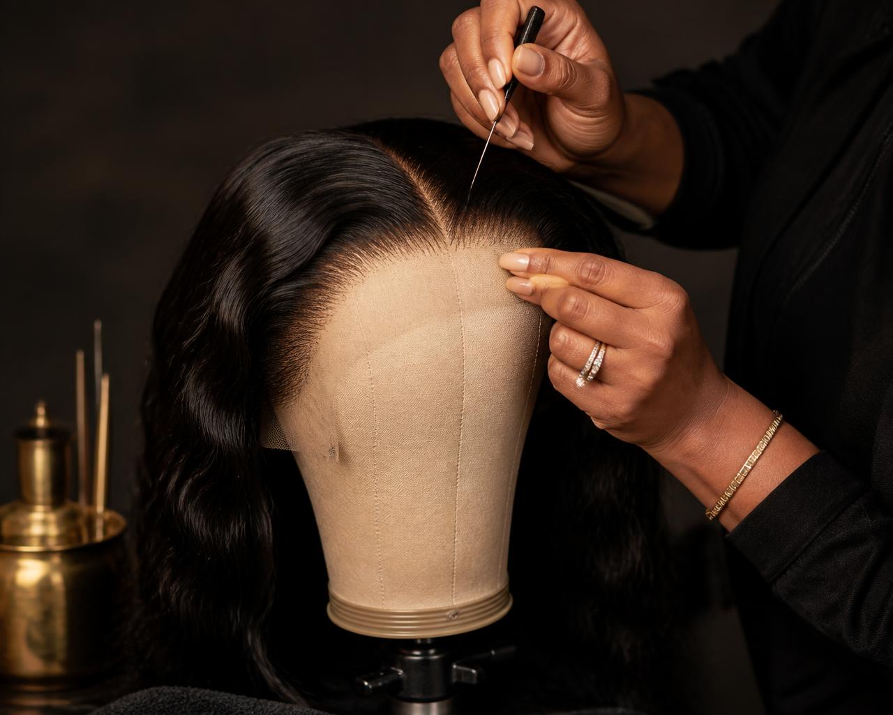 Stylist hand-ventilating hair into a lace closure on a mannequin head