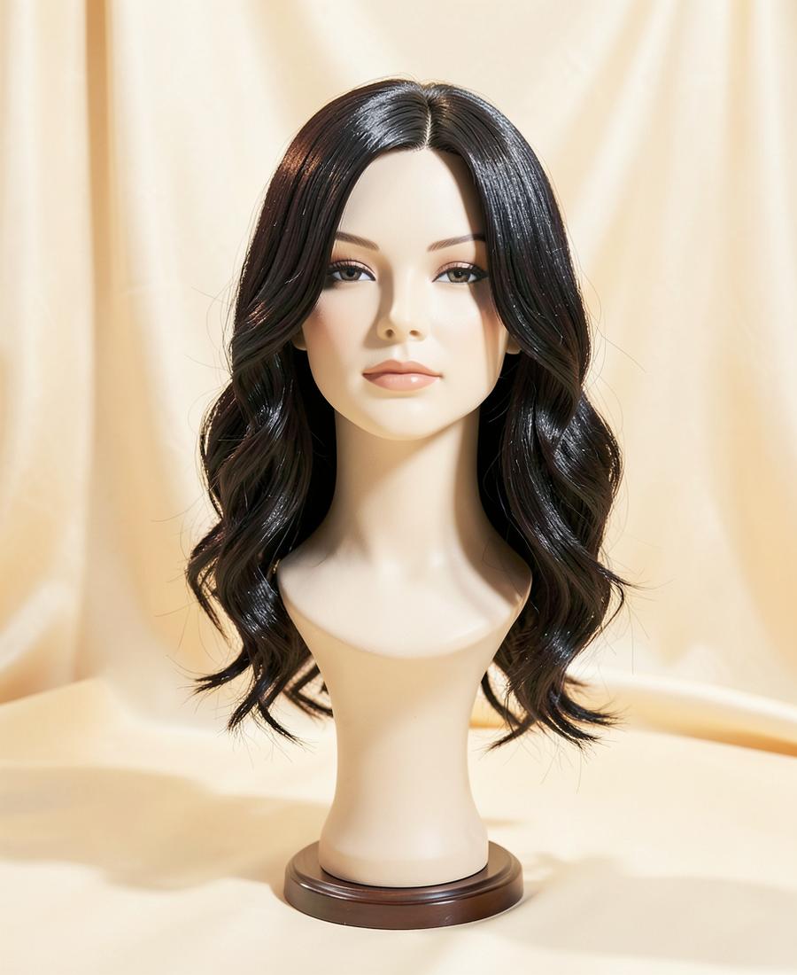 Glossy wave wig styled on a salon stand