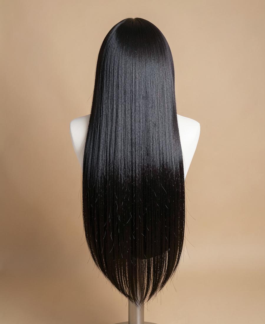 Long sleek dark wig viewed from behind on a styling stand