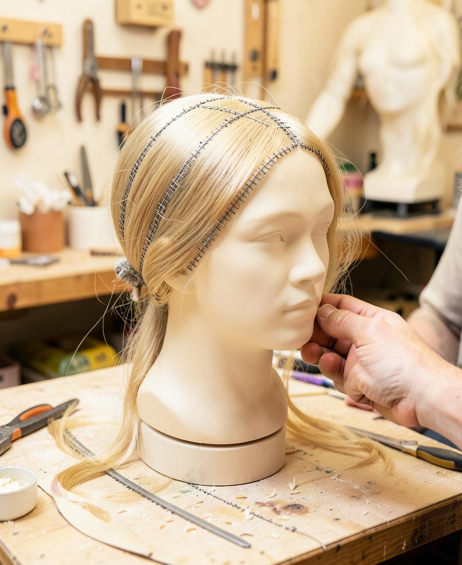 Wig being made by hand on a mannequin head