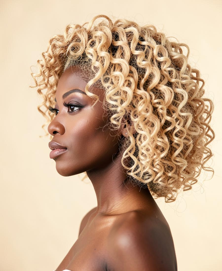 Finished curly wig style on a client, side profile