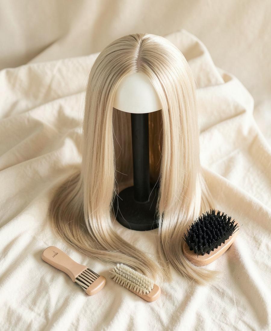 Wig on a stand beside brushes used for wig maintenance